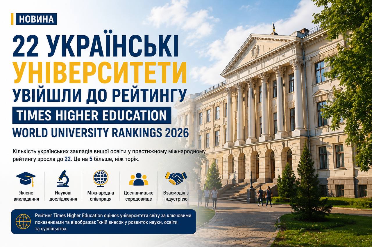 22 українські університети увійшли до рейтингу Times Higher Education World University Rankings 2026